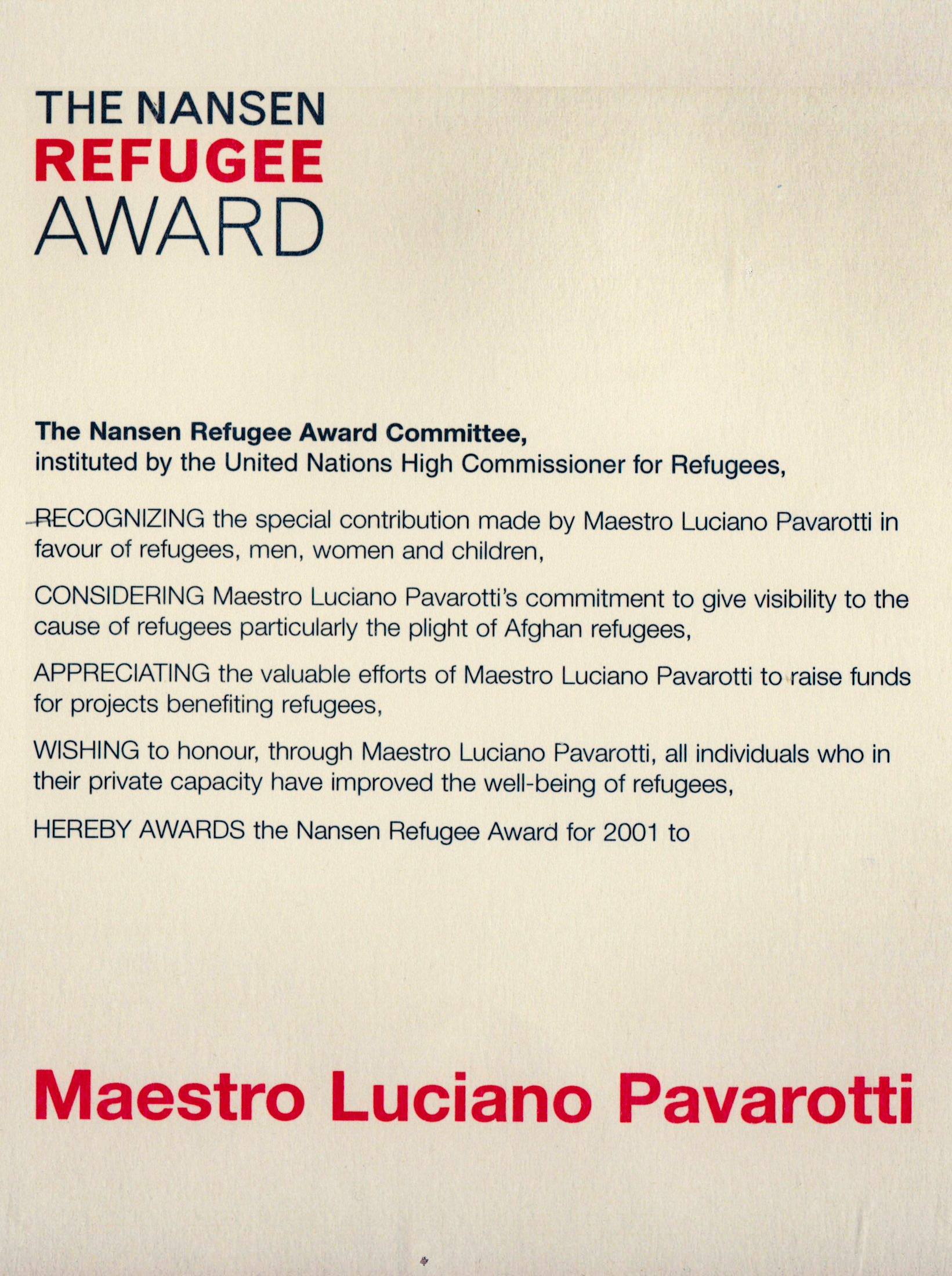 The Nansen Refugee Award - 2001